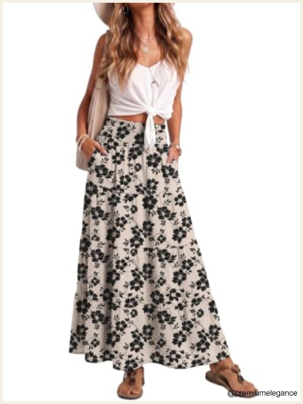 Women's High Waist Maxi Skirt Flowy Tiered Ruffle Hem Summer Long Skirt with